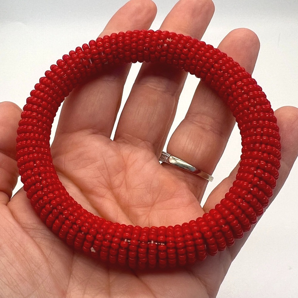 Handmade Seed Bead Crochet Bangle Bracelets Earrings Red White Blue Vintage - Picture 5 of 10